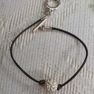 American Eagle Leather Cord  Crystal Ball Charm Sterling Silver Toggle Bracelet
